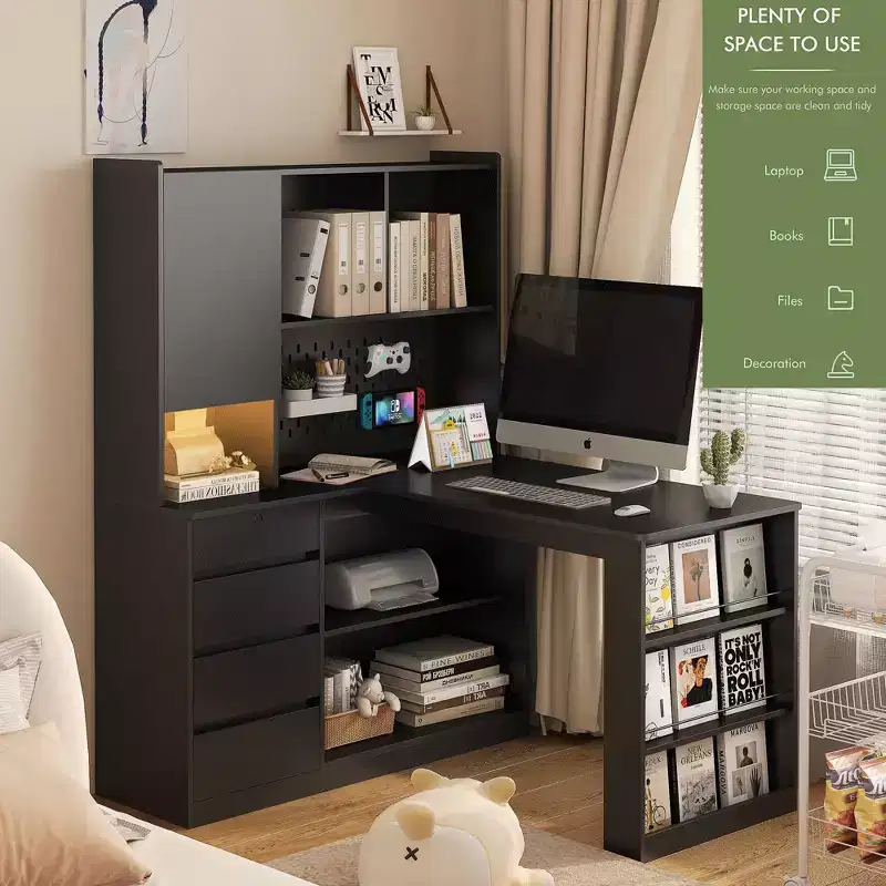 46 Inch L-Shaped Corner Desk with Bookshelf and Drawers for Home Office, Bedroom, Reading Room