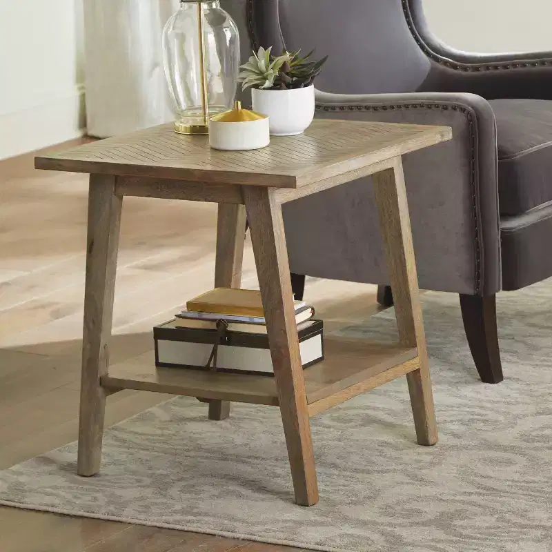 Square End Table Natural: Mango Wood, Mid-Century Modern, Storage Shelf
