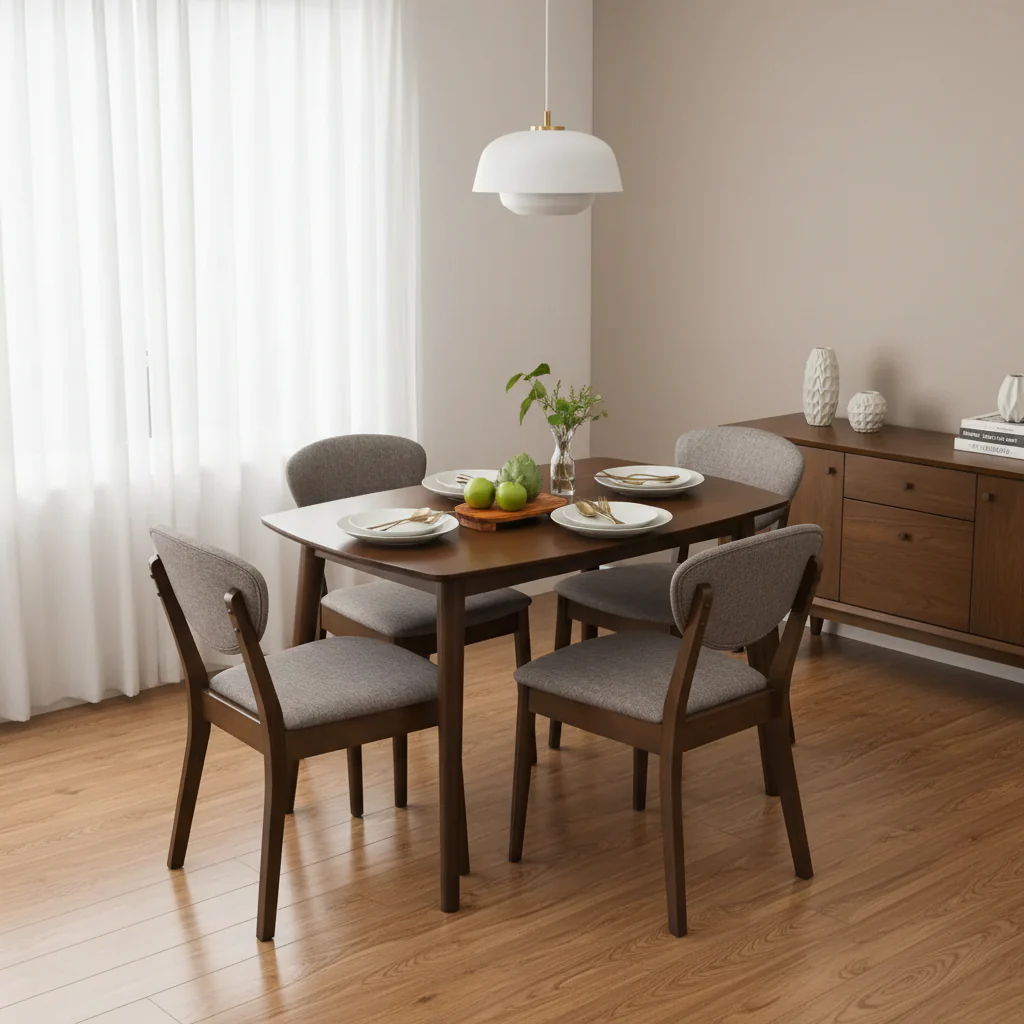 Compact Wooden Mid-Century Modern Dining Set w/ 4 Chairs, Padded Seat & Back