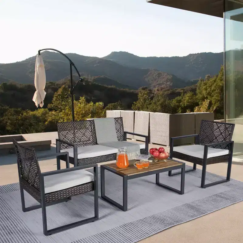 4-Piece Patio Furniture Set Outdoor Acacia Wood Table Top Metal Frame Cushions Balcony Garden Backyard Lawn