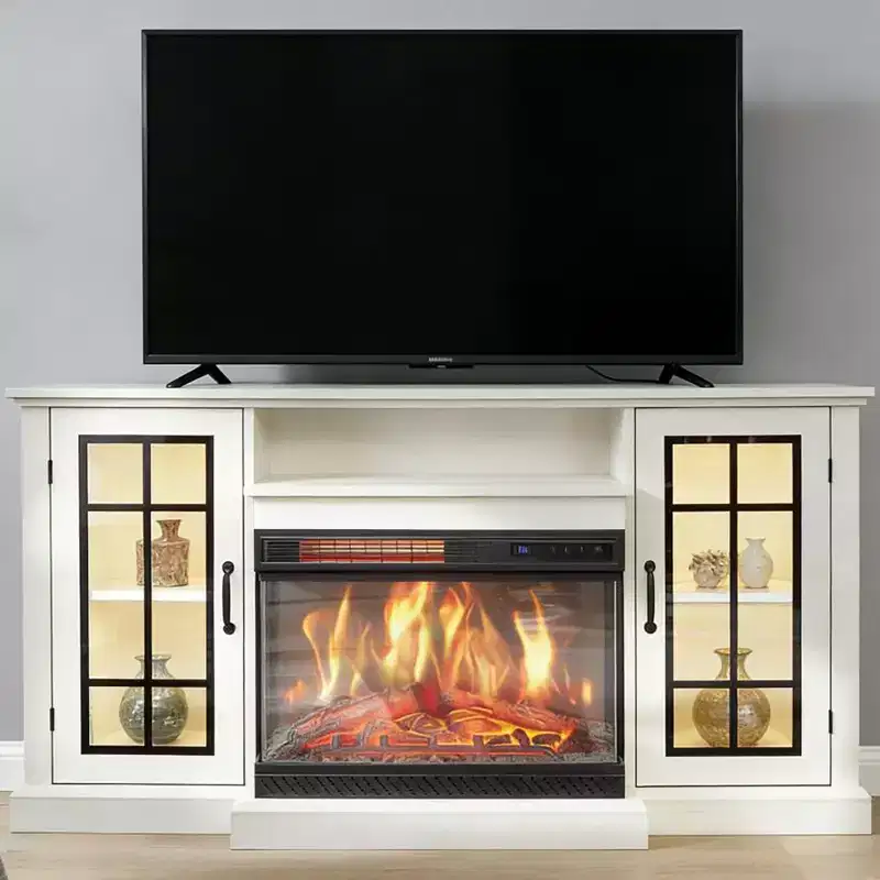 White 59 Fireplace TV Stand Cabinet with 3 Sided Glass, Rustic Glass Door Storage Distressed with Electric heater & LED Lights for Living Room