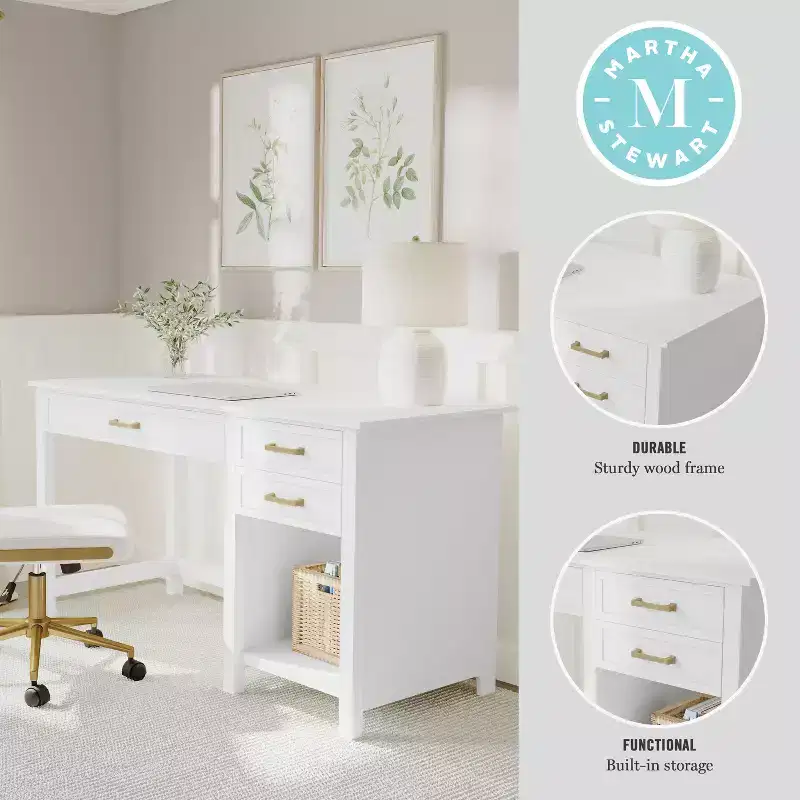 Martha Stewart Hutton Shaker Style Home Office Desk with 2 Side Drawers in White with Polished Brass Hardware