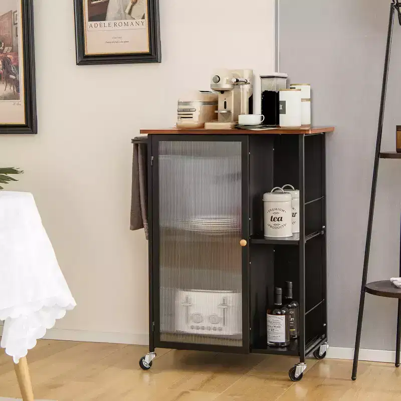 Mobile Serving Cart Metal Kitchen Trolley w/Transparent Single Door Cabinet