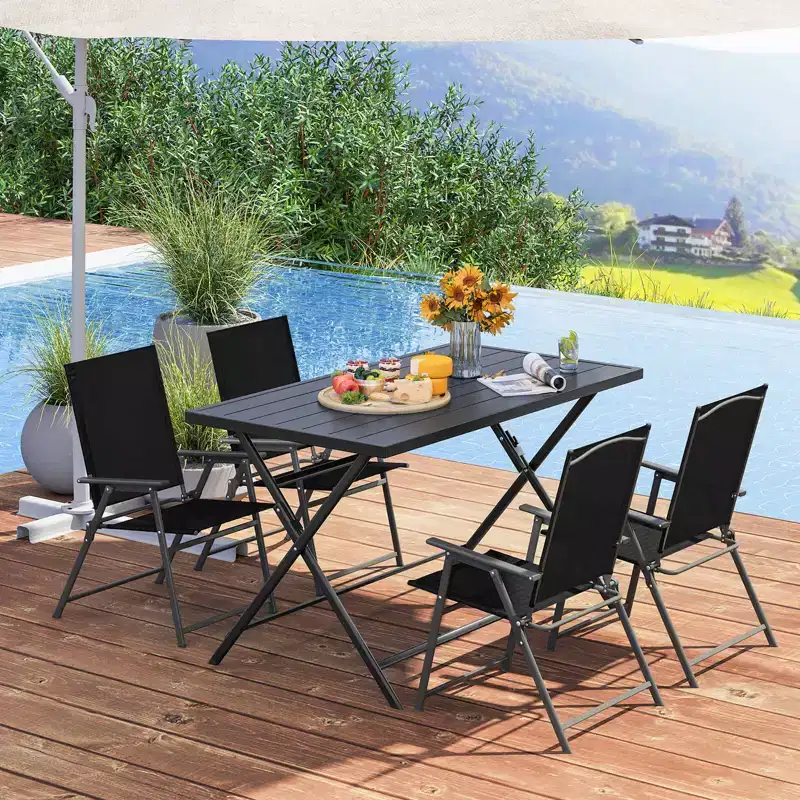 Costway 5 PCS Foldable Outdoor Dining Set,Large Rectangular Metal Table 4 Mesh Armchairs Black