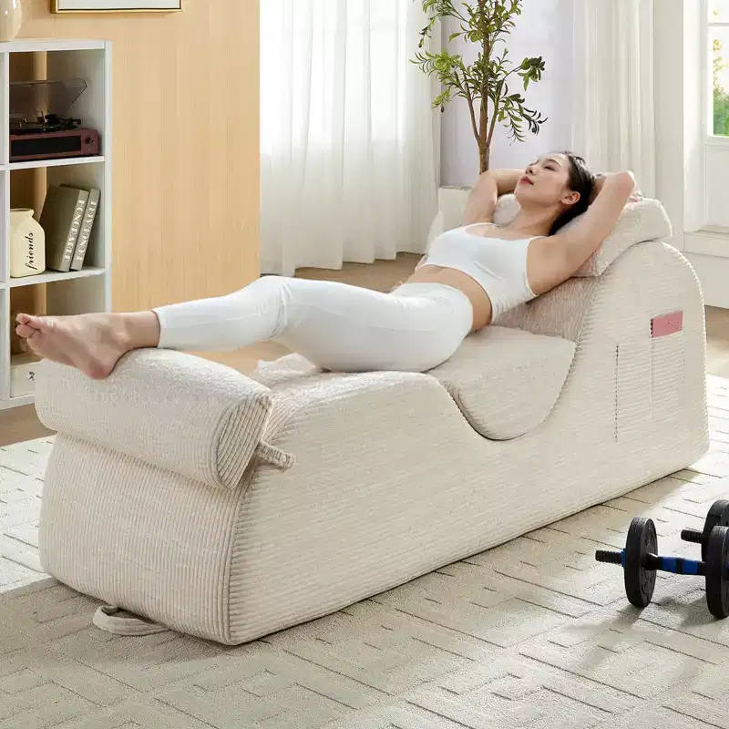 Mjkone Corduroy Yoga Chaise Lounge Chair,Curved Yoga Lounger Sofa with Movable Headrest/Waist Cushion/Footrest,Non-Slip Bottom