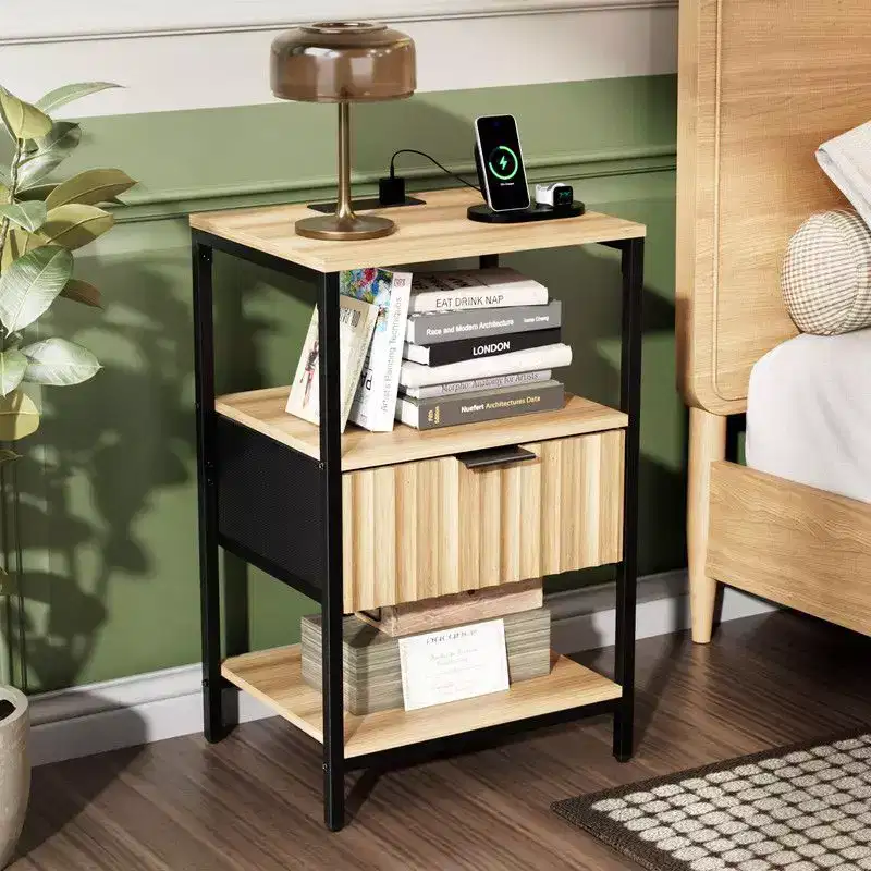 Karl Home 15 Inches Wide Nightstand - 1 Drawer, 2 Shelves, US Power Outlet - set of 2