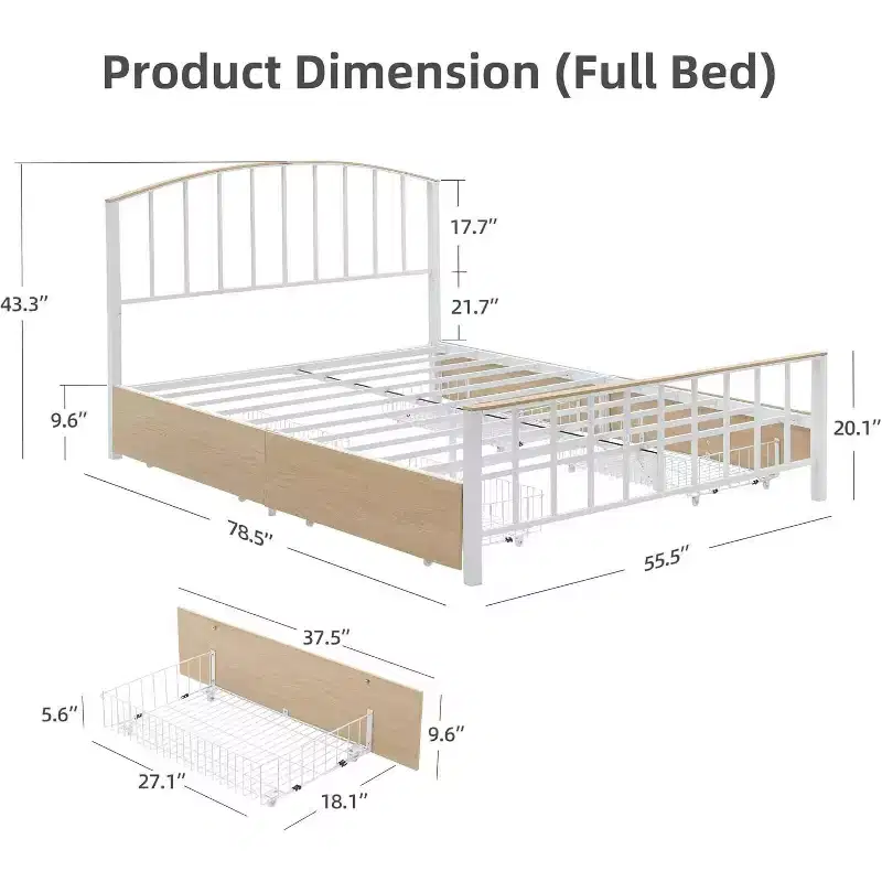 Full Size Bed Frame with 4-Tier Storage, Space-Saving, Headboard and Footboard, Sturdy Metal Slats, Easy Assembly, No Box Spring Needed