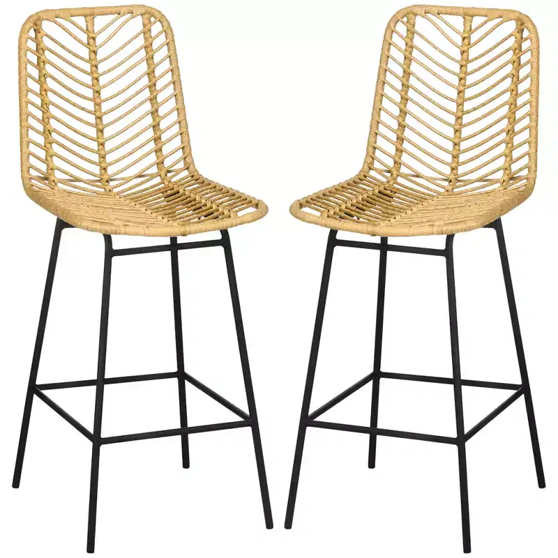 Rattan Counter Height Barstools Set of 2 Steel Frame Footrest 26