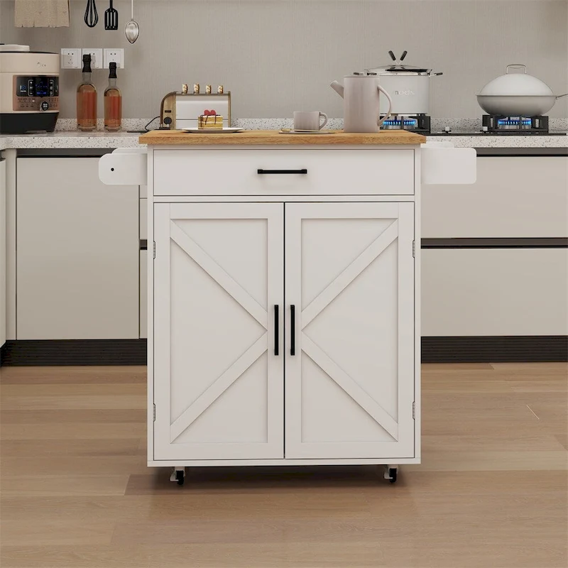 Kitchen Island Rolling Trolley Cart w/Adjustable Shelves,Wood Tabletop