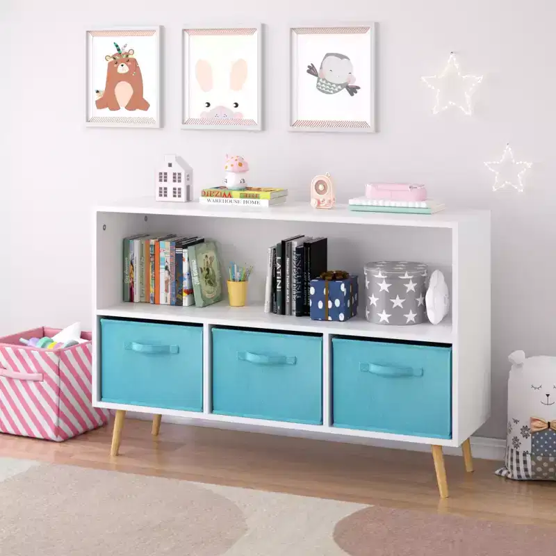 Kids bookcase with Collapsible Fabric Drawers, Children's Book Display, Toy Storage Cabinet Organizer, White/Blue