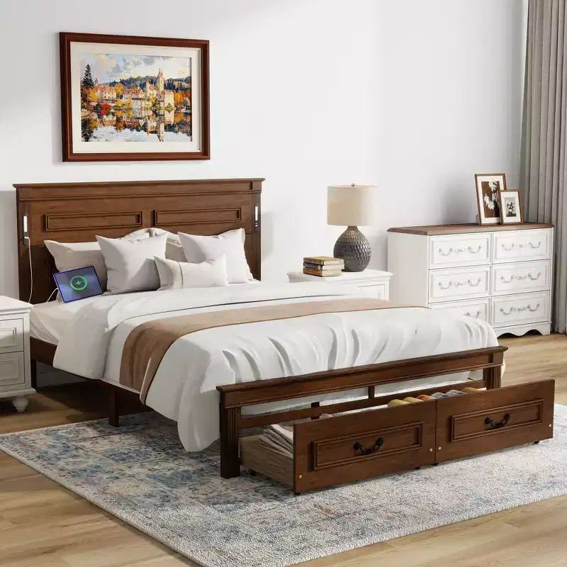 Farmhouse Bed Frame with Tall Panel Headboard, Storage Drawers & LED Lights (Queen/King)