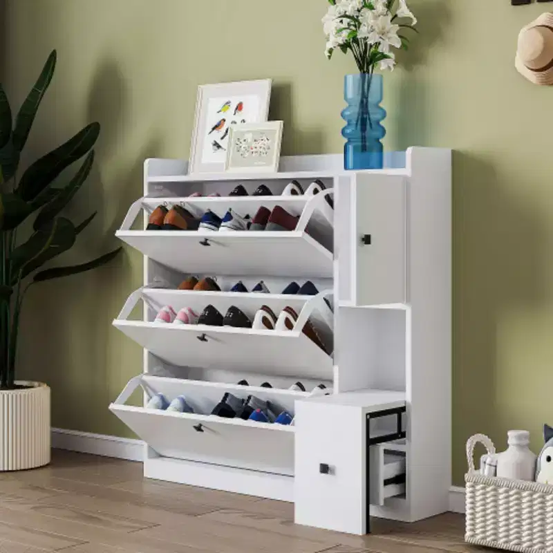 Max Storage Entryway Organizer, 3-Drawer Tipping Bucket Shoe Cabinet with Pull-down Seat, Freestanding Hallway Rack