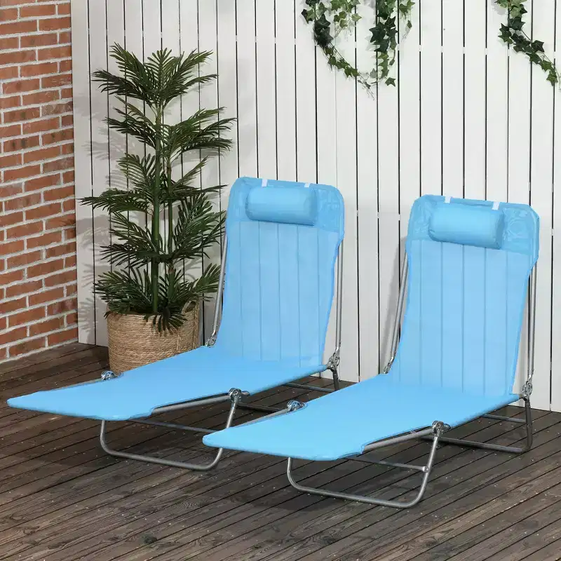 2 Piece Folding Chaise Lounge Chairs, Pool Sun Tanning Chairs with Reclining Back, Breathable Mesh Seat, Headrest for Beach, Patio
