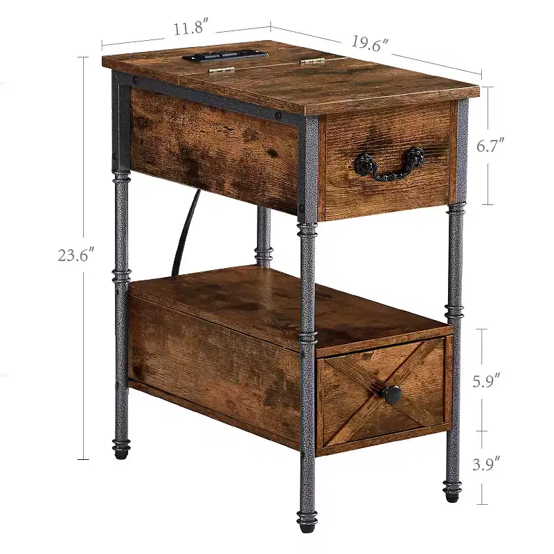 VECELO Nightstand with Charging Station & Drawer, Narrow Flip Top End Table with USB Ports & Power Outlets for Living Room or Bedroom, Brown