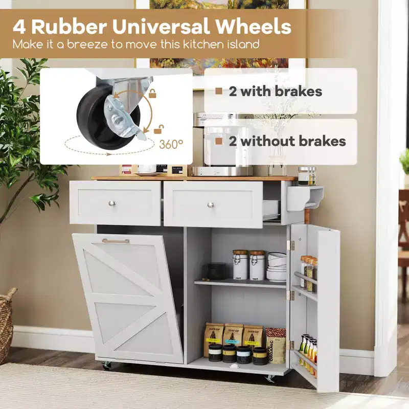 Costway Rolling Kitchen Island Kitchen Island Cart with Drop Leaf Trash Can Cabinet Black/White