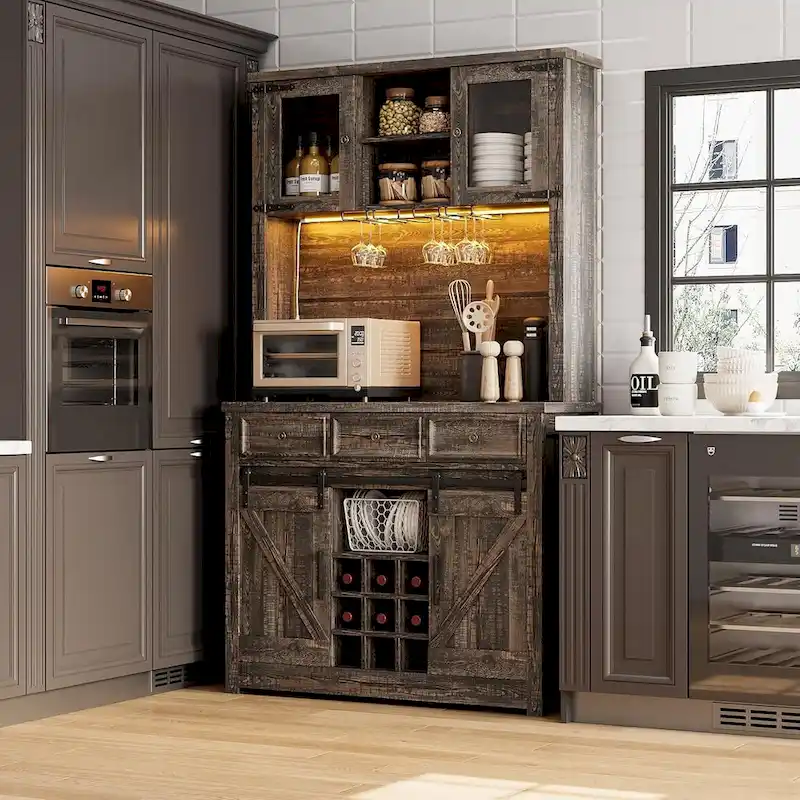 Modern Farmhouse Coffee Bar Cabinet with LED Lights & Power Outlets, Kitchen Cabinet