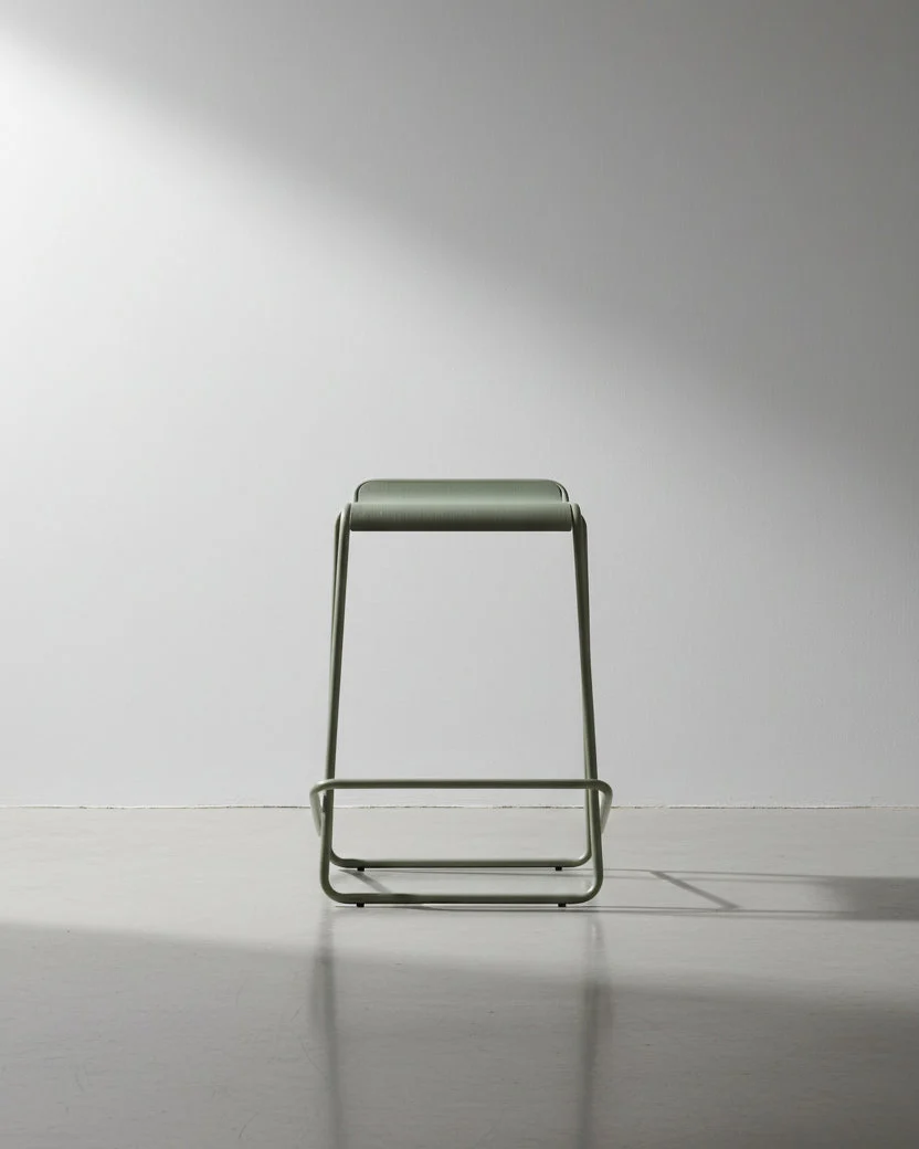 Minimal Sage Green Metal Stacking Stool with Backless Sled Base for Kitchen