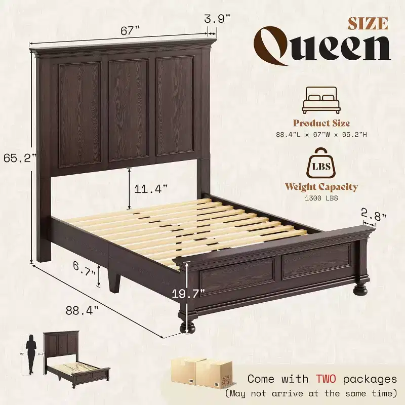 Solid Pine Wood Platform Bed Frame with 65.2
