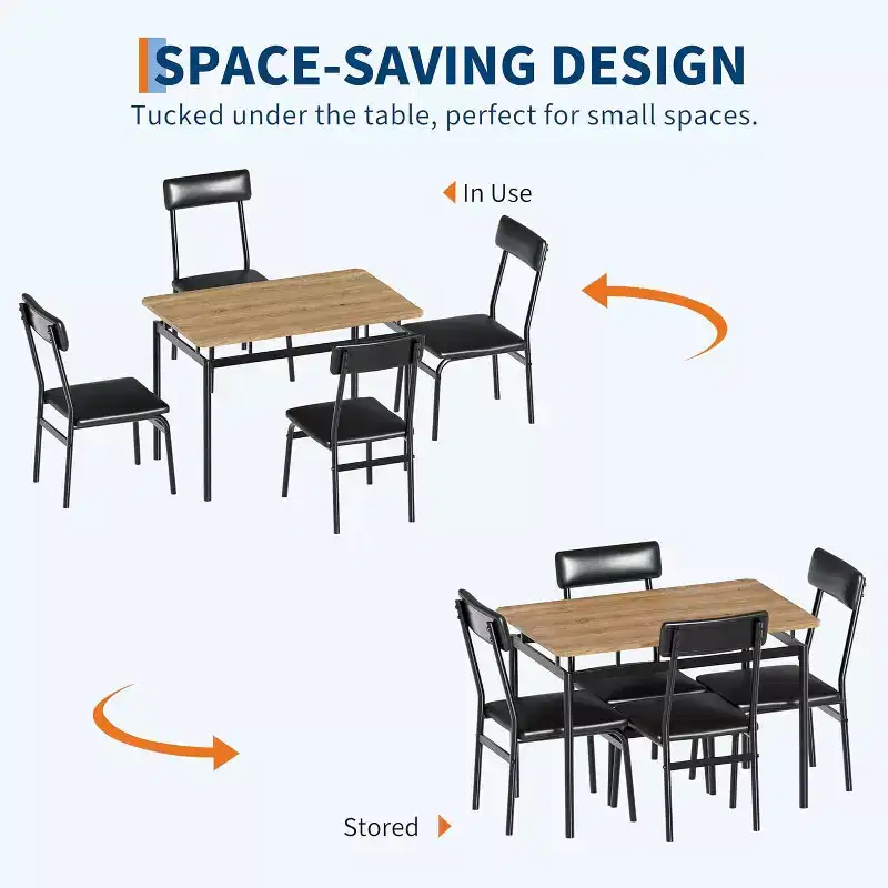 5 Piece Dining Table Set with Wooden Table & 4 PU Upholstered Chairs, Industrial Metal Frame, Compact Kitchen & Dining Room Set