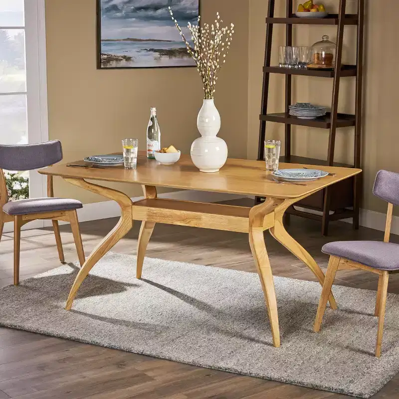 Mid-Century Modern Rectangular Dining Table, Rubberwood Legs, Seats 4-6