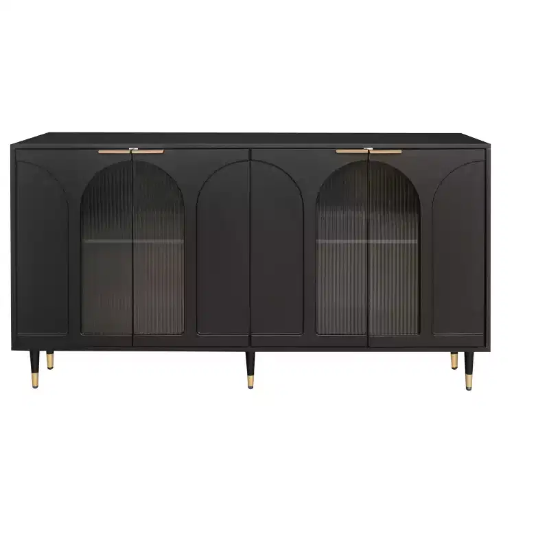 Storage Cabinet with 4 Fluted Glass Doors and Adjustable Shelves