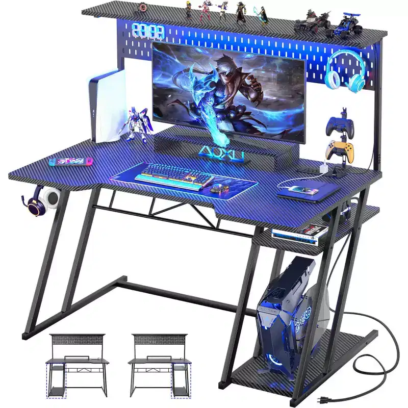Besiost Gaming Desk with Charging Station, Computer Desk with Hutch and Pegboard