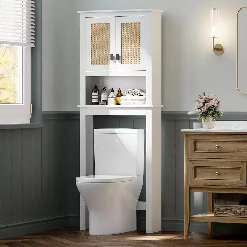 Acekool Over The Toilet Storage Cabinet, Farmhouse Bathroom Organizer with Rattan Doors, Adjustable Shelf, White Bathroom Cabinet