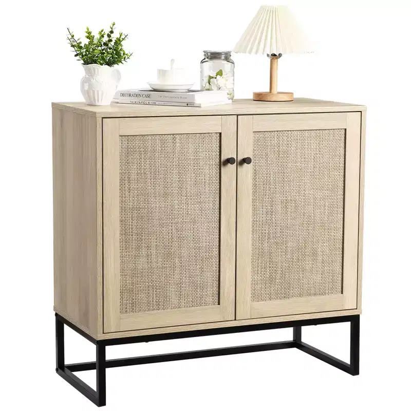 COZONY Farmhouse 2-Door Rattan Storage Cabinet, Sideboard Buffet Accent Cabinet, Farmhouse Console Table w/ Storage, Multifunctional Kitchen Cupboard