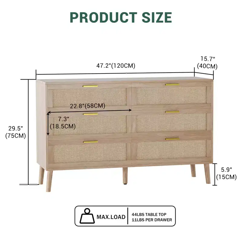 6 Drawer / 8 Drawer Dresser, Natural Rattan Dresser, Farmhouse Wood Chest of Drawer with Golden Handles for Living Room, Entryway, Hallway