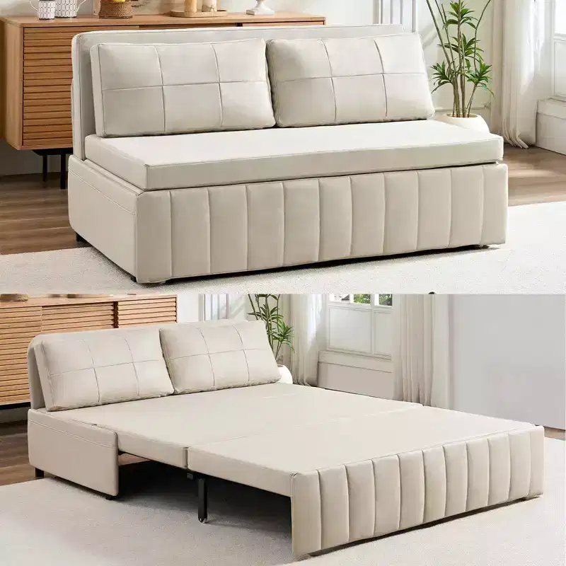 Mjkone W62inch Pull Out Sofa Bed, 3-in-1 Modern Pull Out Leathaire Fabric Sleeper Sofa Couch,Chaise Lounge