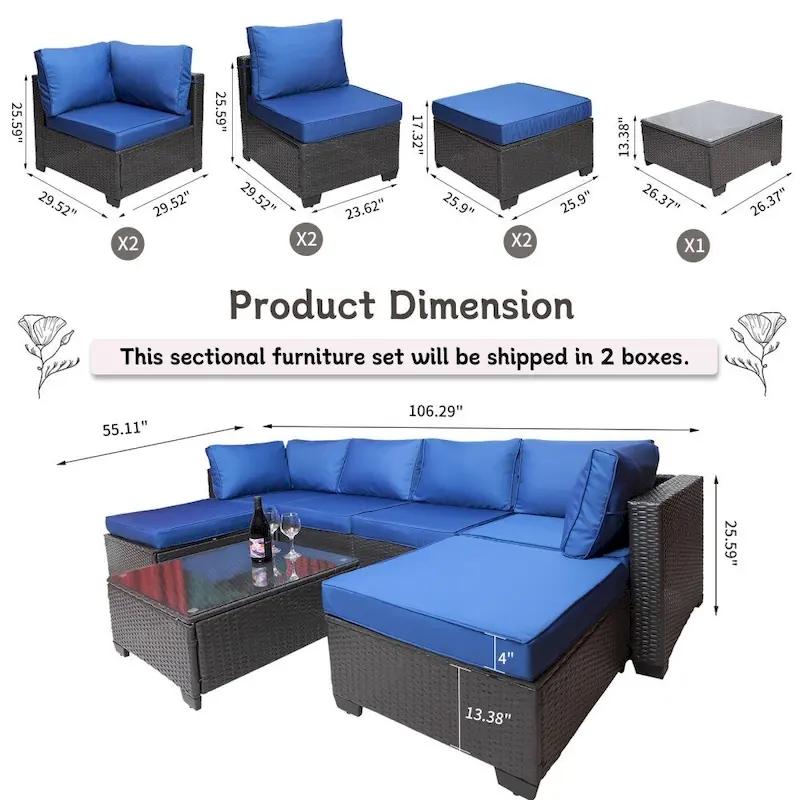 7-Piece Rattan Wicker Cushioned Sofa Sets with Coffee Table