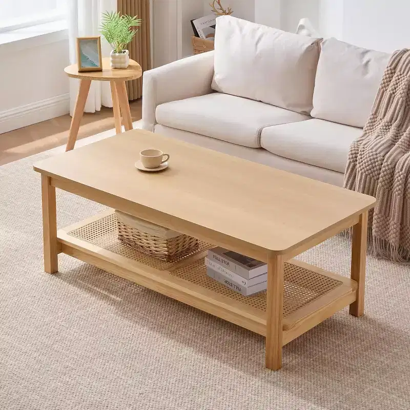 Bekrvio 47.2'' Boho Mid Century Modern Coffee Table, 2-Tier Rustic Rectangle Wood Center Table with Wood Legs & Rattan Shelf, for Living Room