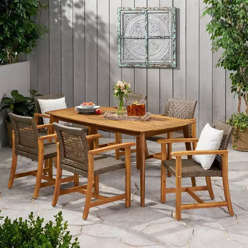 Christopher Knight Home Botsford Outdoor Acacia Wood and Wicker 7 Piece Dining Set, Teak/Mixed Mocha