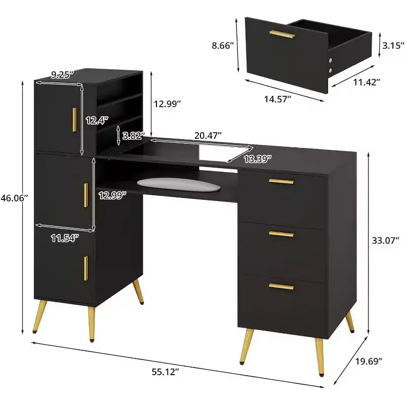 Manicure Nail Desk with Tempered Glass Top, Wrist Rest, 3 Drawers and 3 Shelves