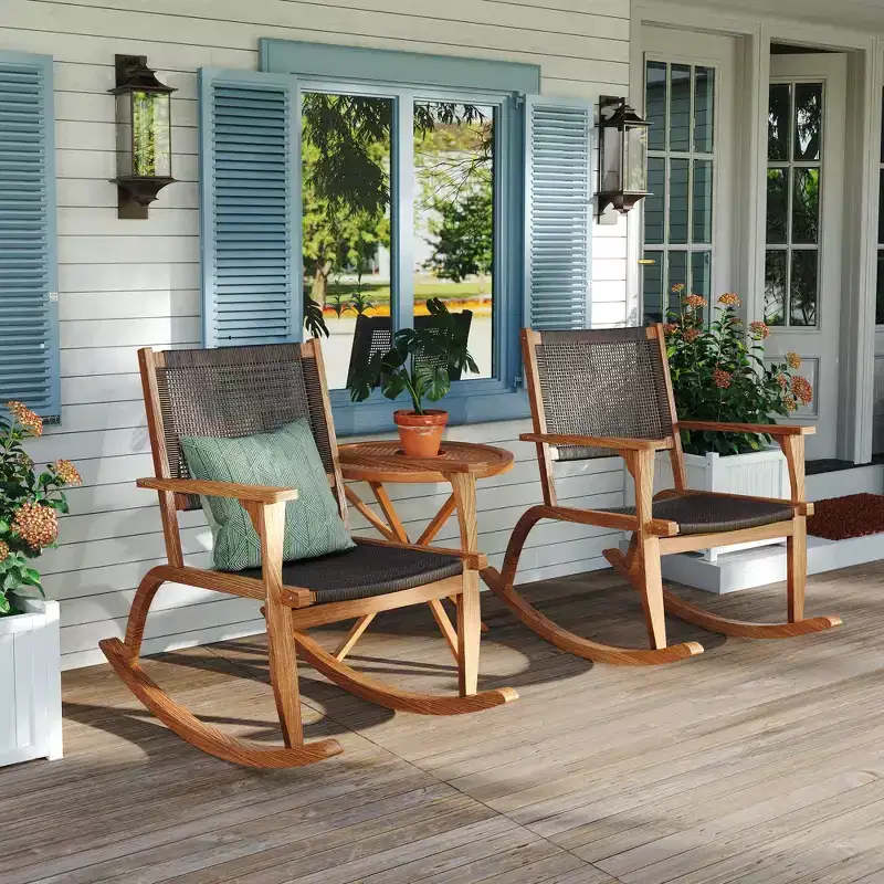 GDFStudio Antonio Patio Modern Acacia Wood Rocking Chair with Wicker Back and Seat (Set of 2)