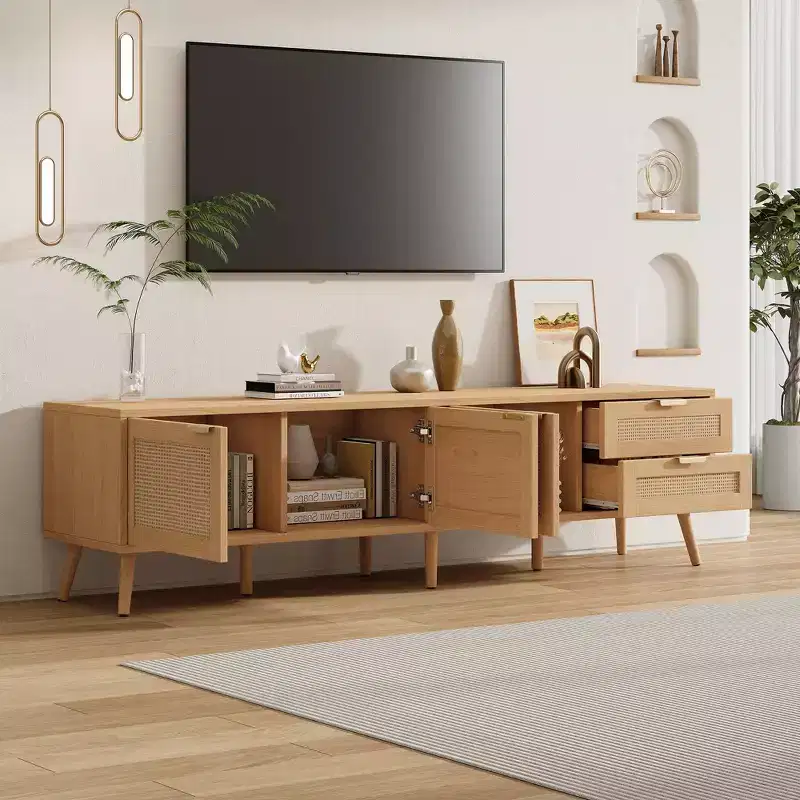 TV Stand 70-Inch, Modern Media Console with Rattan Doors, Fits TVs up to 80, Storage, 2 Drawers, Cable Holes, Living Room Entertainment Center