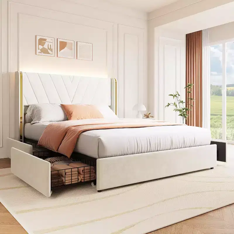 Full Size Velvet Upholstered Bed Frame with 4 Storage Drawers,Smart LED Bed Frame,Tufted Upholstered Platform Bed Frame with Wingback Headboard