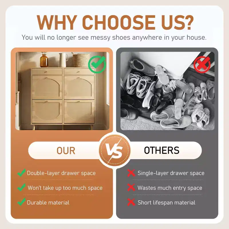 Karl Home Rattan Panel 2 Drawers 4 Flip-Drawer Shoe Cabinet Particleboard 41.34 W