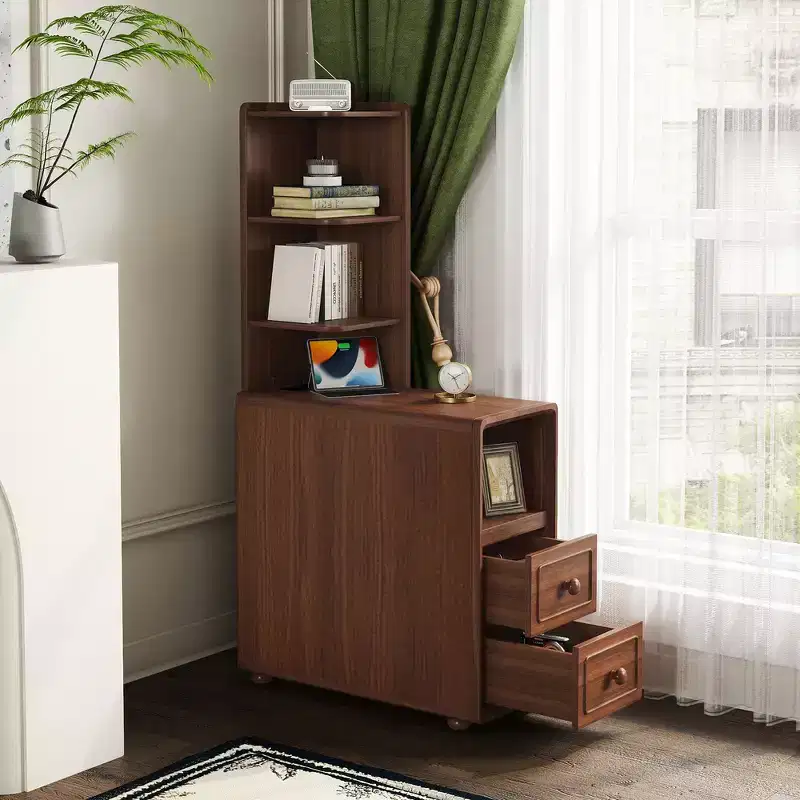 End Table & Corner Table with Drawers, Open Shelves for Bedroom and Corner - Walnut
