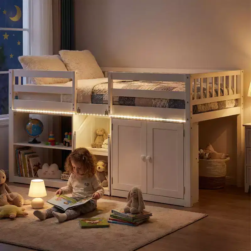 Twin Low Loft Bed with LED Light, Stairs & Guardrails, Modern Pine Wood Kids Bed, White/Mint/Gray