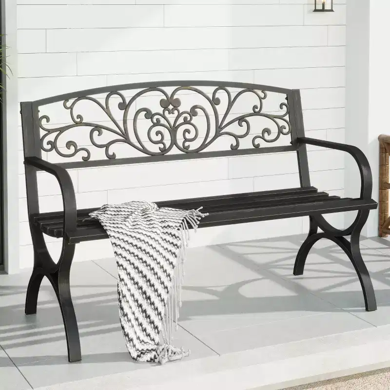 Captiva Designs 2-Person Outdoor Garden Bench, Cast Steel Park Bench with Decorative Backrest for Patio & Garden