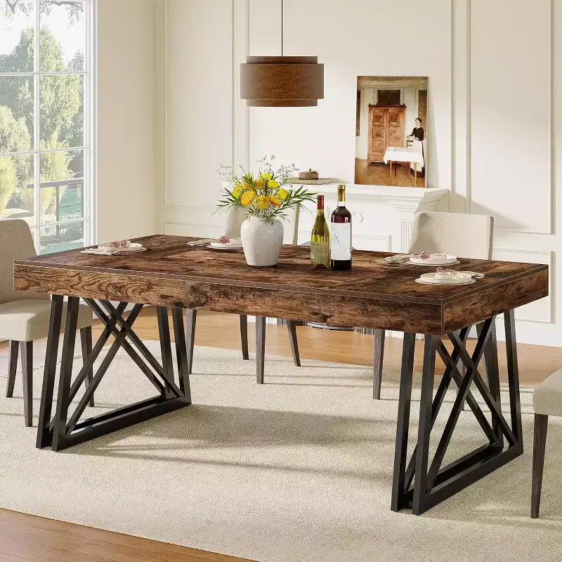 Lantine 63'' dining Table for 4-6, Kitchen Table with Sturdy Metal Legs, Rectangular Dinner Furniture for Living Room, Rustic Brown & Black