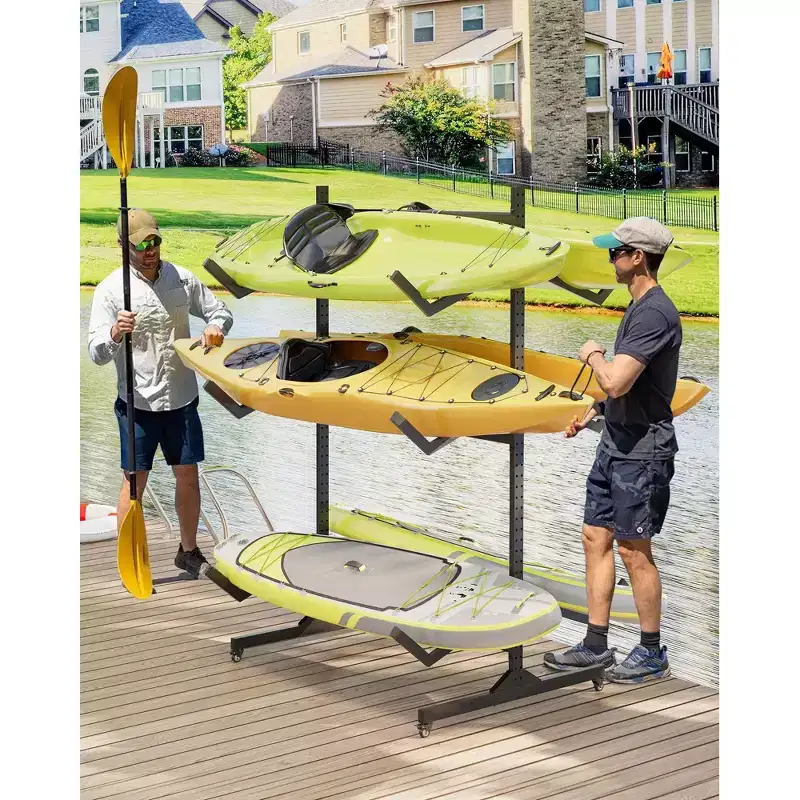 2-6 Kayak Freestanding Storage Rack - Heavy-Duty Steel Kayak Holder with Movable Wheels & Hanging Straps for Outdoor Use (Select Size, Black)