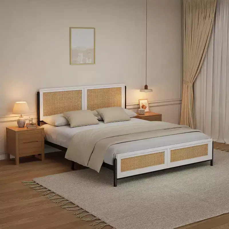 Rattan & Wood-Grain Frame Queen Bed Frame with Metal Slats