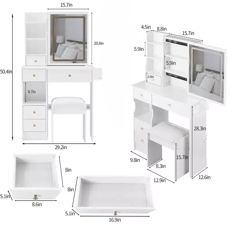 29.2 Makeup Vanity Desk with Mirror, Small Makeup Vanity Table with Stool, Dressing Table with Hair Dryer Bracket & Open Storage for Small Space