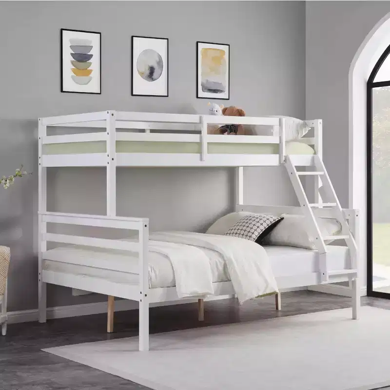 Twin over Full Bunk Bed with Ladder  Wooden Frame with High Guardrails for Kids  No Box Spring Needed  Sturdy and Space-Saving  White