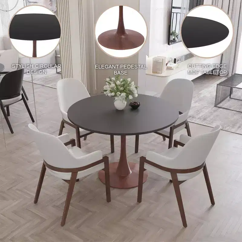 LeisureMod Bristol 35 Modern Round Dining Table  Durable MDF Top and Wood-Transfer Walnut Steel Base for Kitchen, Dining Room, or Cafes