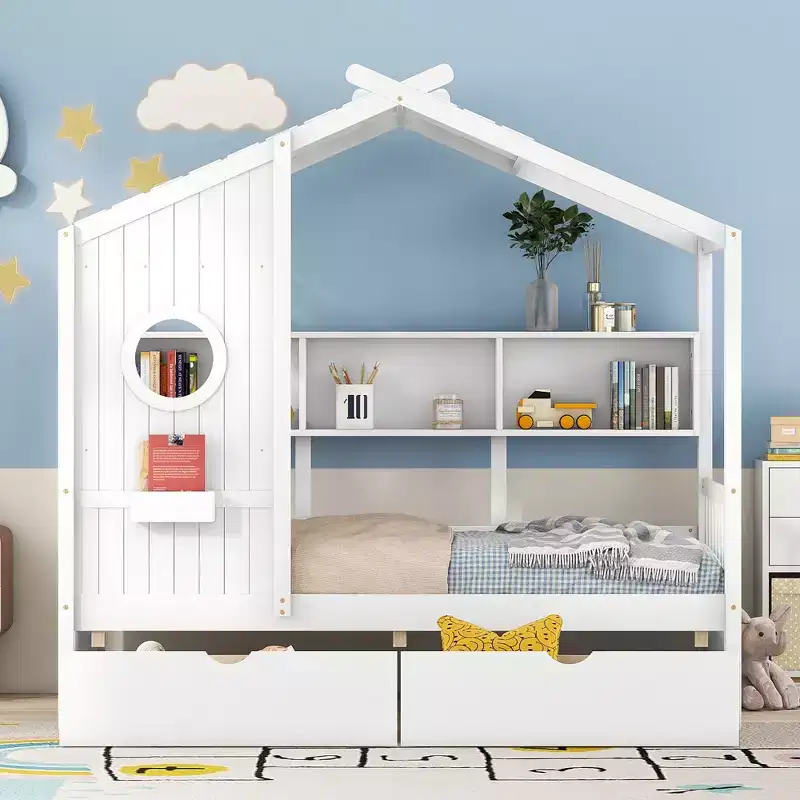 Wooden Twin House Bed with 2 Drawers and Storage Shelf for Kids, White