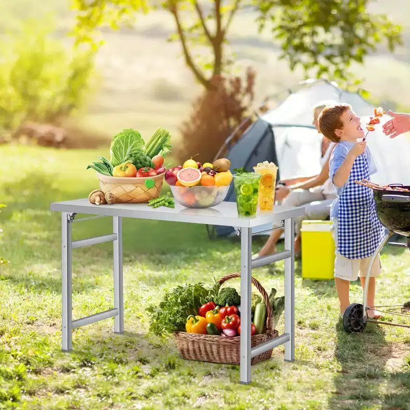 Stainless steel folding table - suitable for home, kitchen, dining room, and outdoor use; load capacity 520 lbs; single layer with no lower shelf.