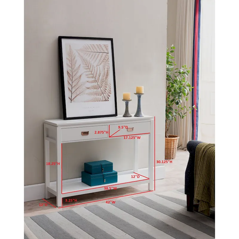 Console Sofa Table With Storage Shelf / 2 Drawers, White
